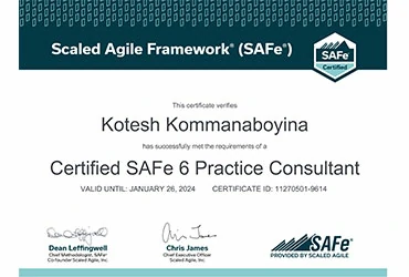 the project management guru kotesh kommanaboyina safe spc6 certificate